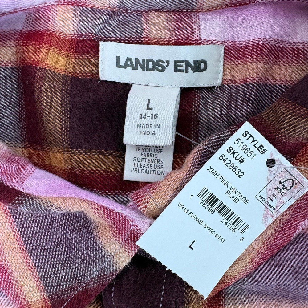 Lands End Flannel Shirt Womens L Pink Vintage Plaid Long Sleeve Button Up NWT - Picture 3 of 7